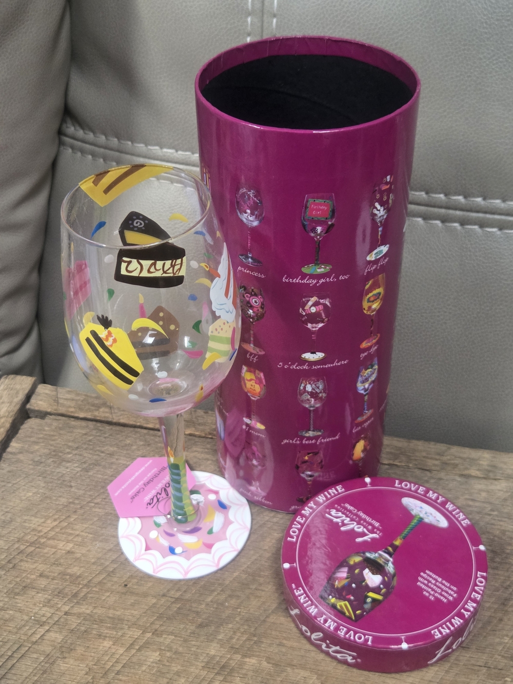 NIB Lolita Love My Wine "Birthday Cake" Hand-Painted Wine Glass, 15 oz Bin 1F